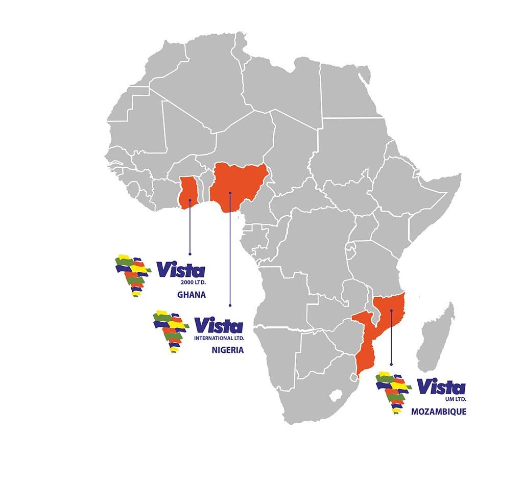 Map of Africa showing Vista operations in Ghana, Nigeria and Mozambique